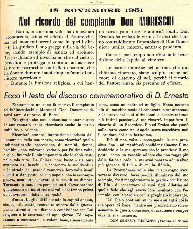 Ricordo di don DOMENICO MORESCHI morto settant'anni fa
