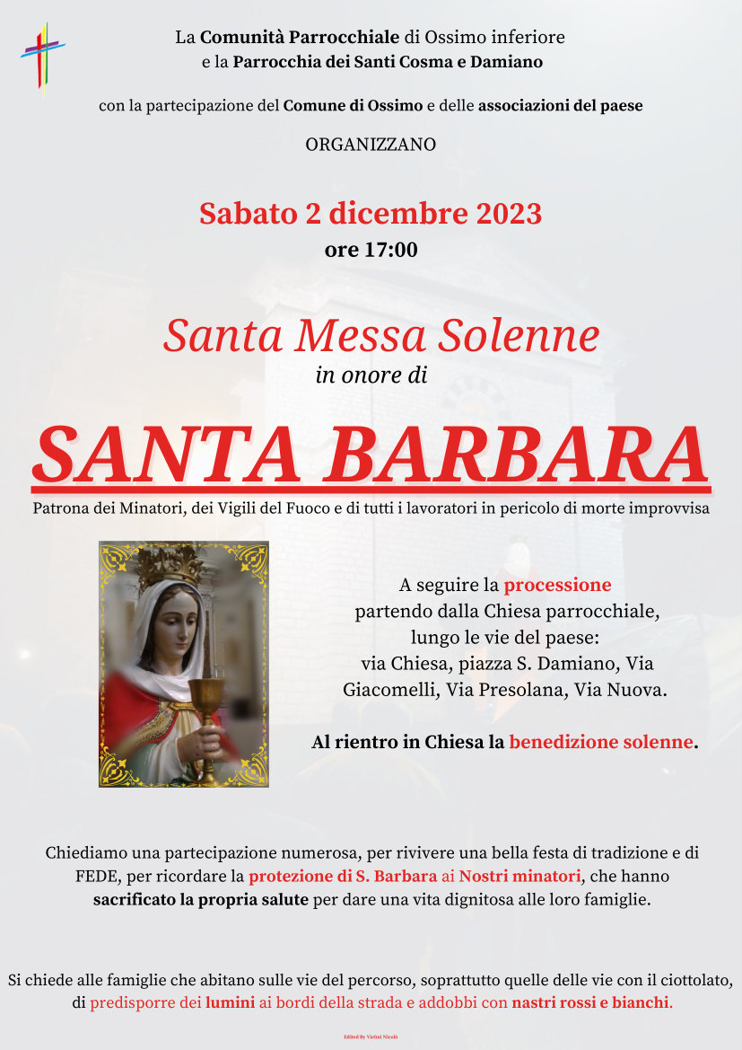 sabato 2 dicembre ore 17.00 a Ossimo Inf S. Messa in onore di S. Barbara