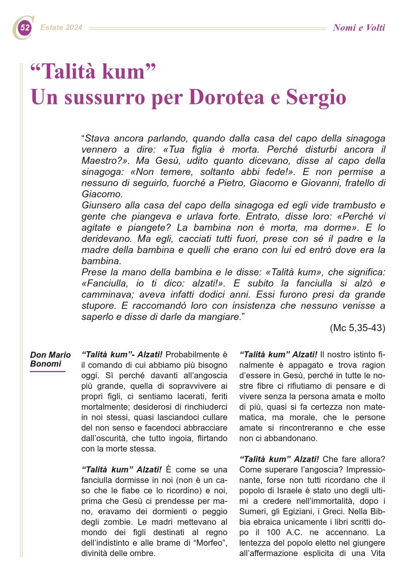 “Talità kum” Un sussurro per Dorotea e Sergio