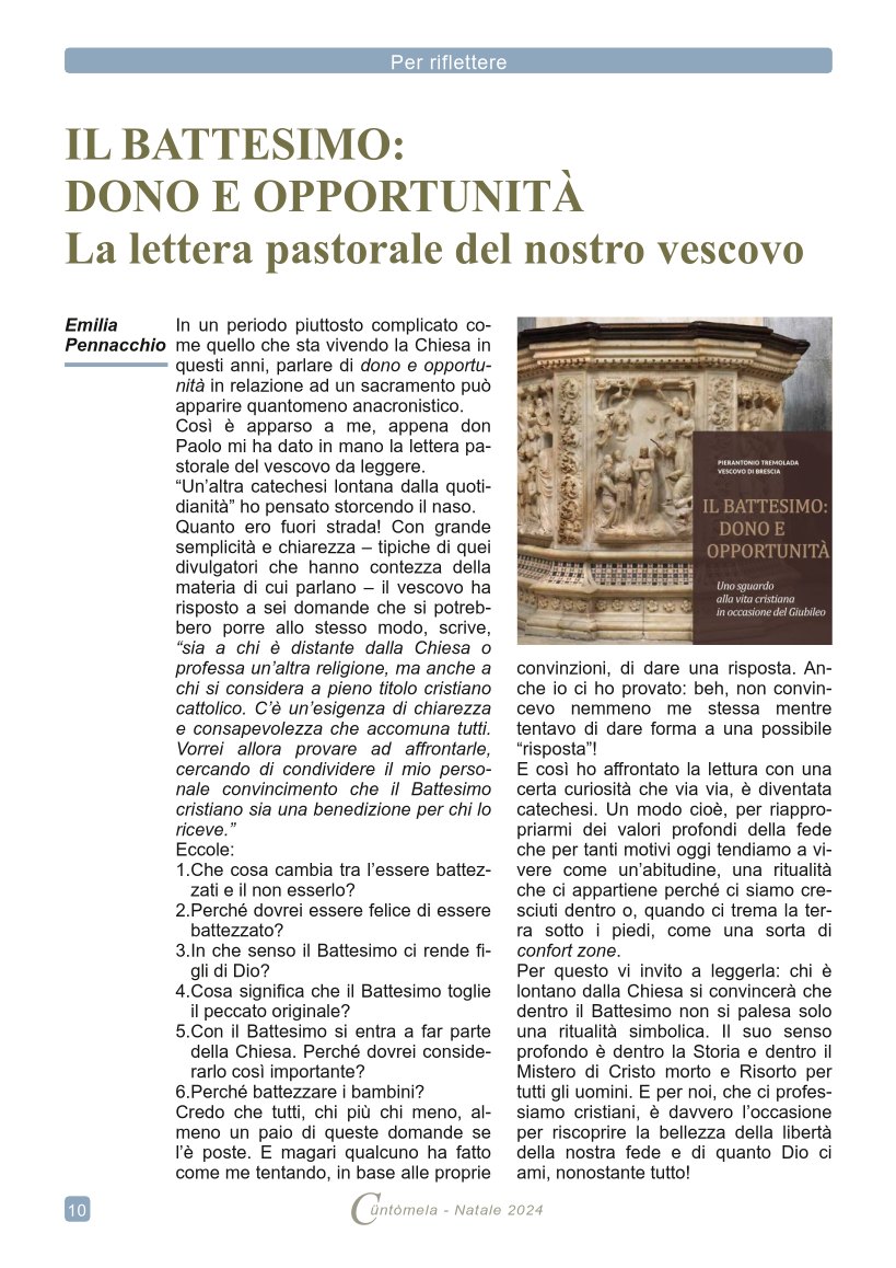 IL BATTESIMO: DONO E OPPORTUNITÀ La lettera pastorale del nostro vescovo