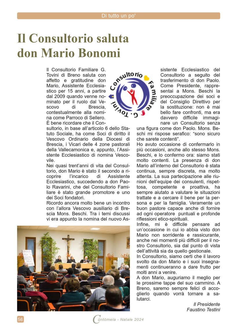 Il Consultorio saluta don Mario Bonomi