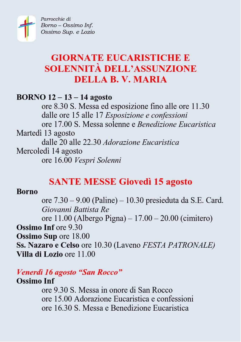 Orari delle Giornate Eucaristiche e della Festa della B.V. Maria Assunta