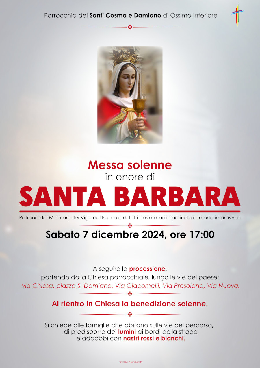 7 dicembre 2024 ore 17.00: S. Messa in onore di Santa Barbara - Ossimo Inf.