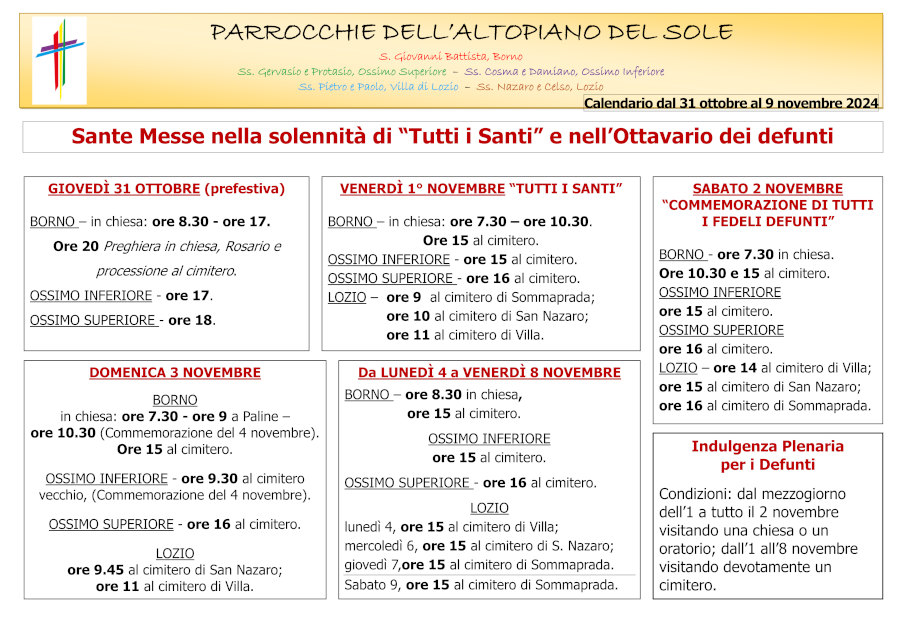 1 novembre 2024: Festa di tutti i Santi e ottavario dei Defunti